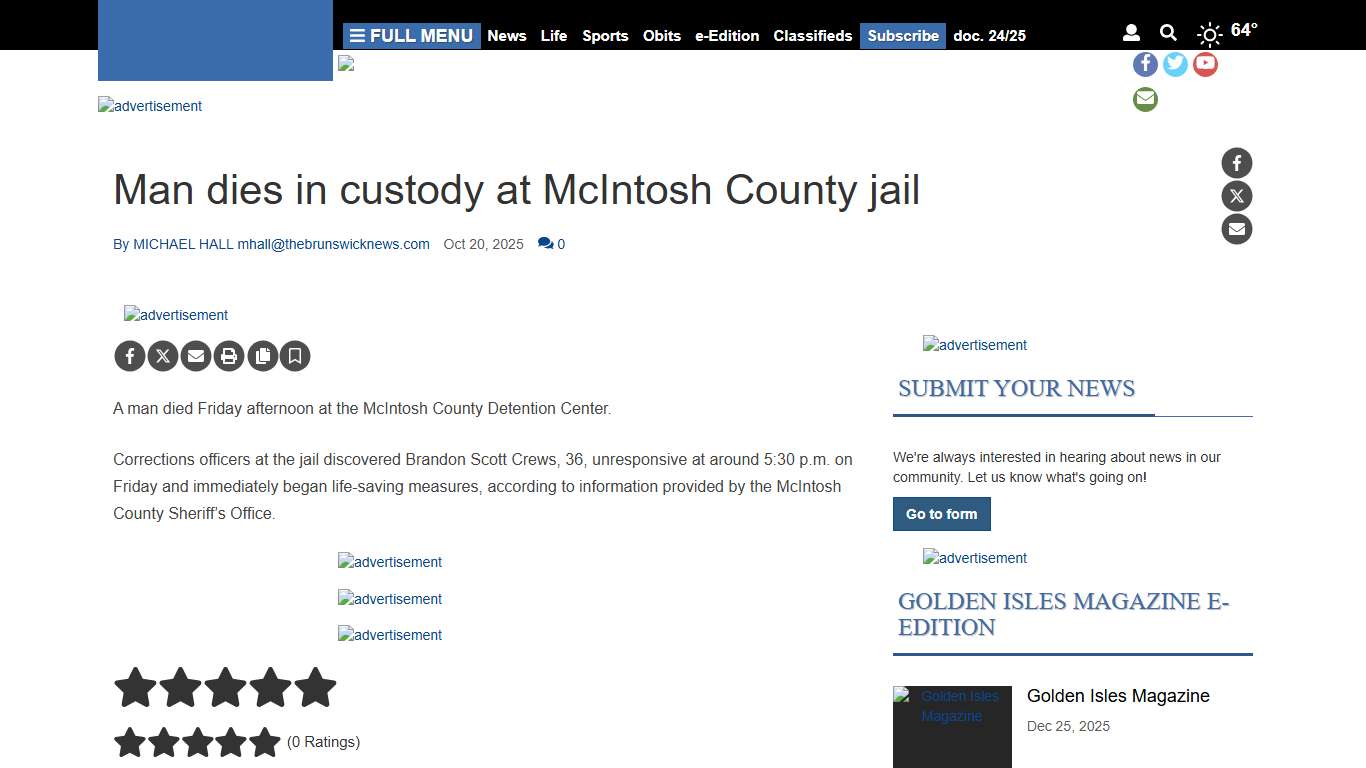 Man dies in custody at McIntosh County jail Local News thebrunswicknews.com