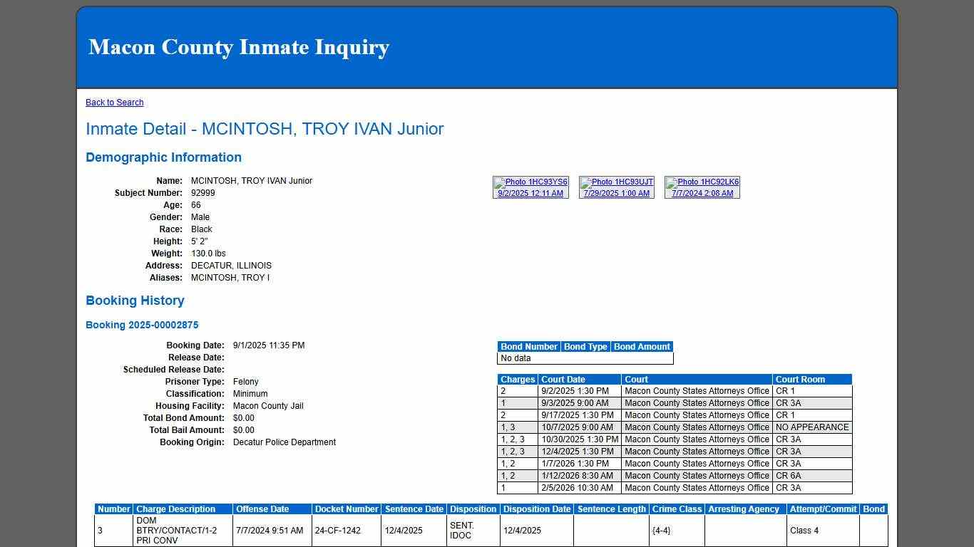 Inmate Detail - MCINTOSH, TROY IVAN Junior